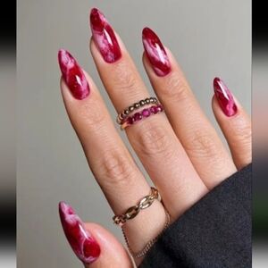 🔥3/$21 Elegant Red Marble False Press On Nails